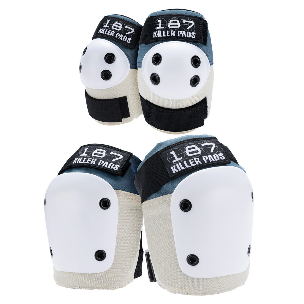 187 Killer Pads Knee & Elbow Pad Combo Pack Grey/Black With White Caps, Grey/Black With White Caps / S/M